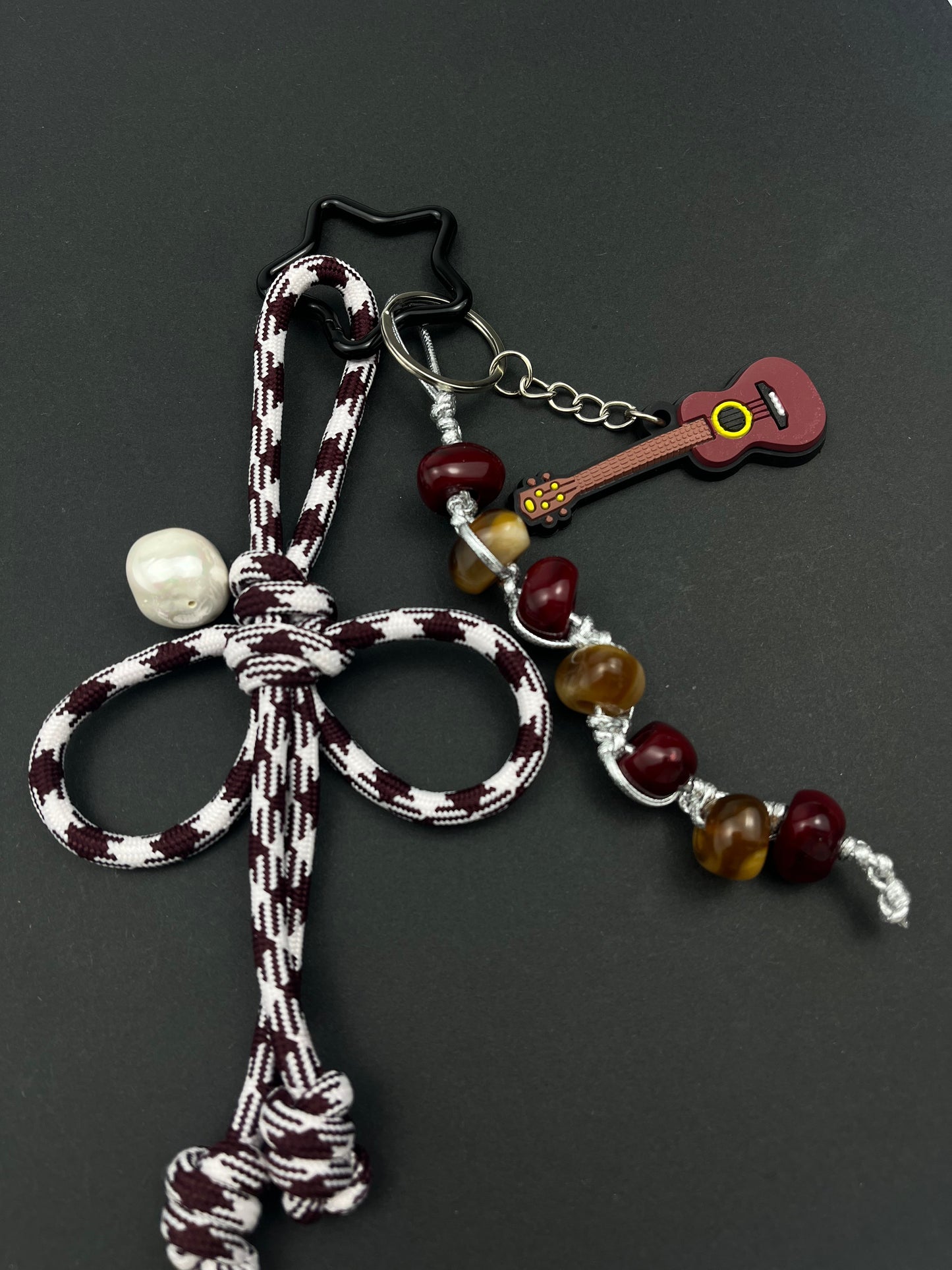 Vintage - Style Knot Keychain | Guitar Charm + Unique Beads, Full of Literary Vibe