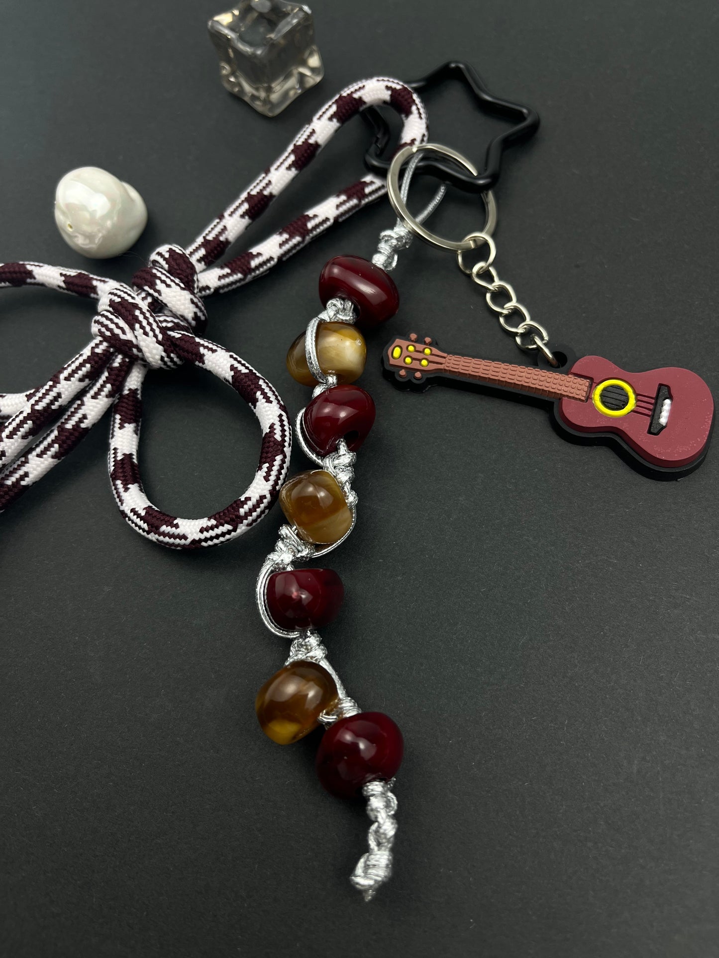 Vintage - Style Knot Keychain | Guitar Charm + Unique Beads, Full of Literary Vibe