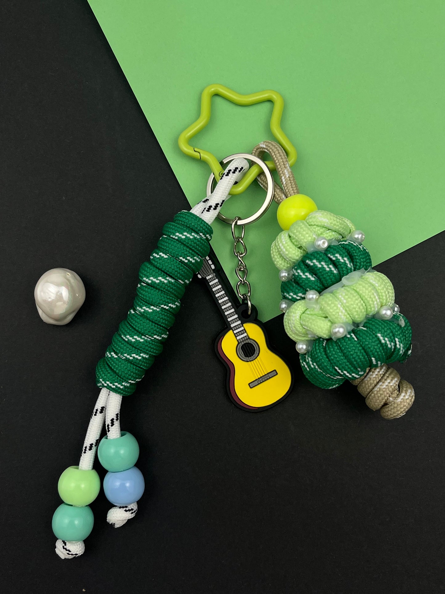 Green Music - Themed Keychain: Guitar & Tree Charms