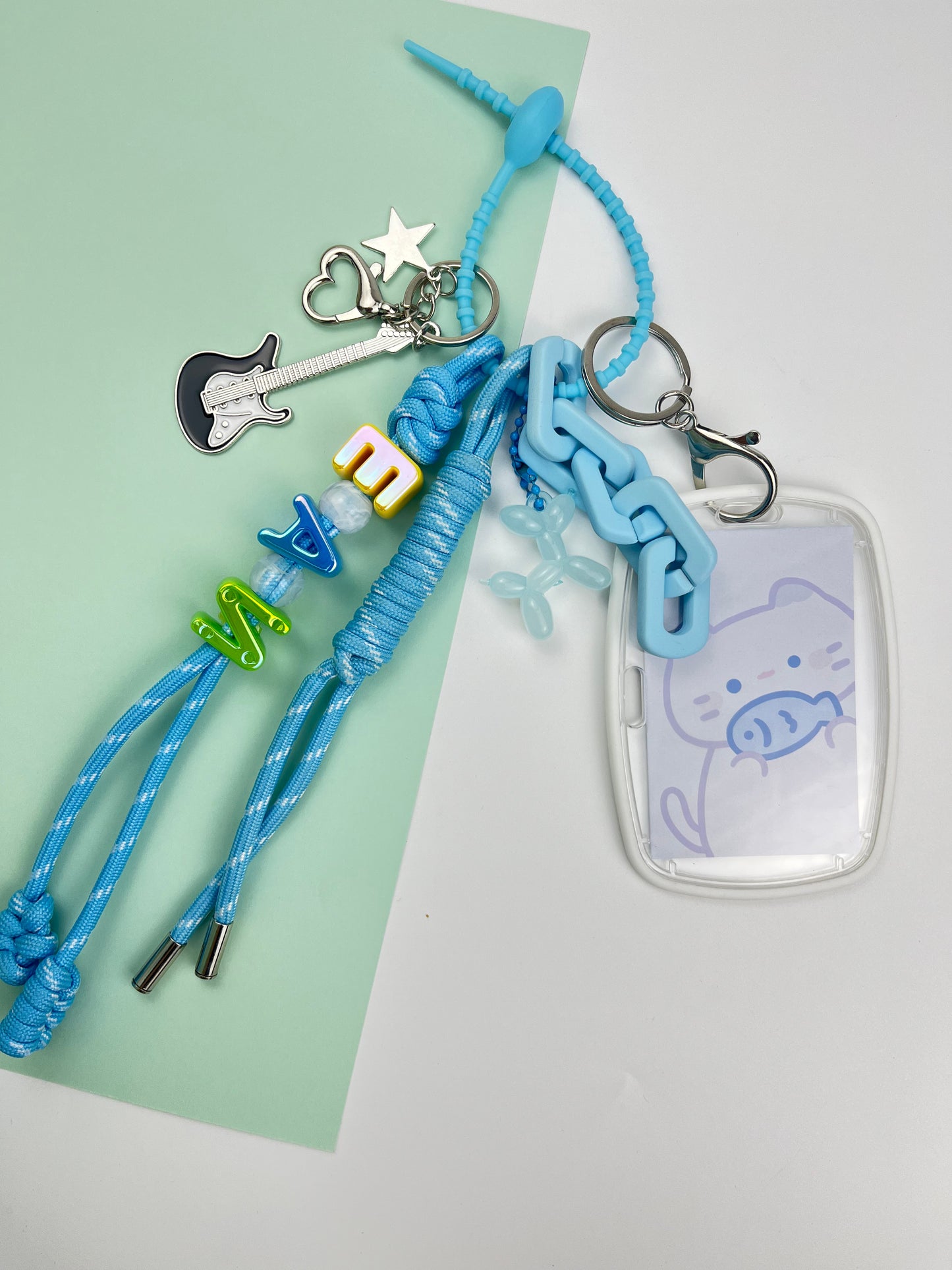 Blue - Toned Keychain Set: Guitar Charm + Cute Card Holder, Trendy Daily Accessory