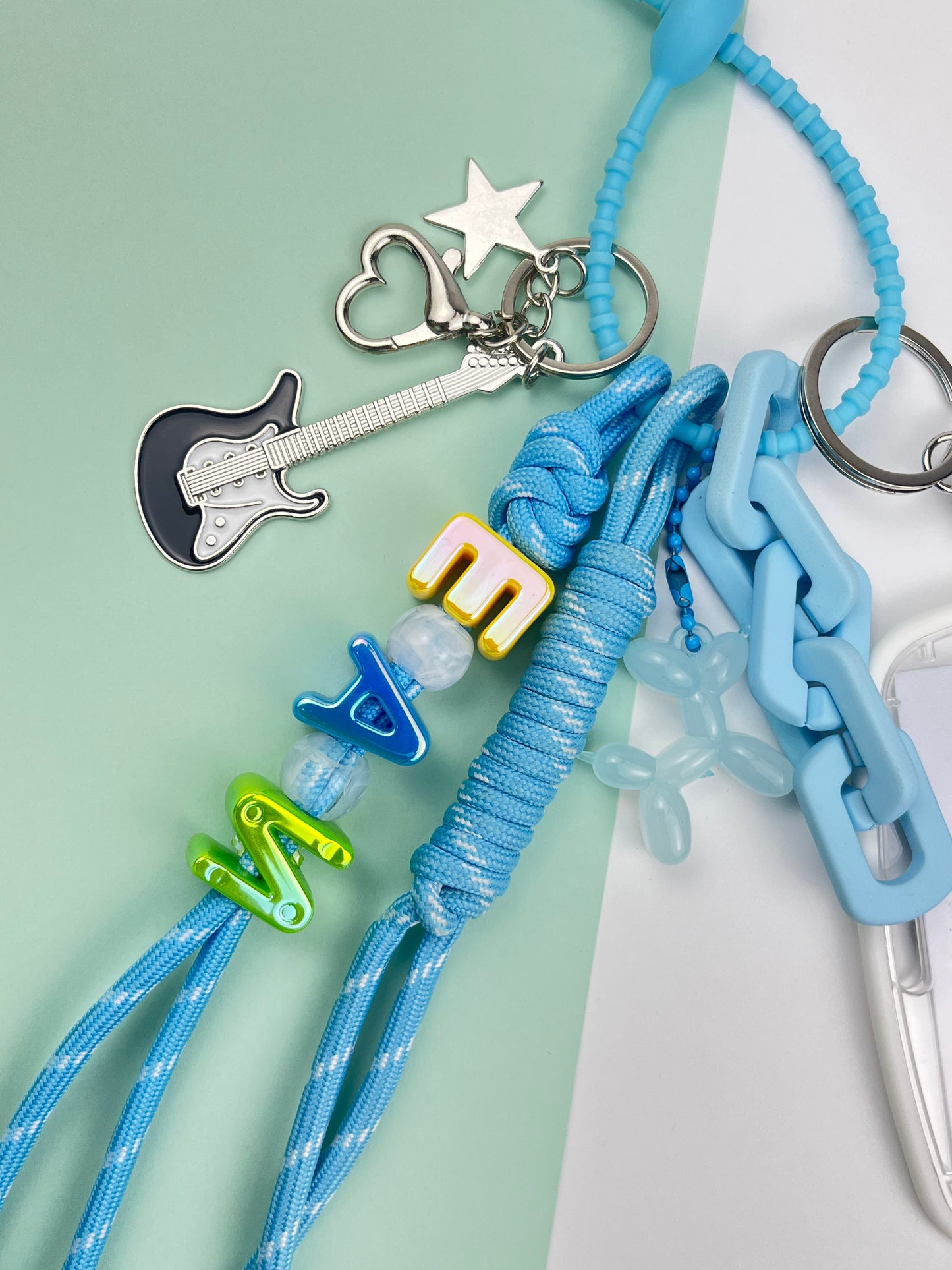 Blue - Toned Keychain Set: Guitar Charm + Cute Card Holder, Trendy Daily Accessory