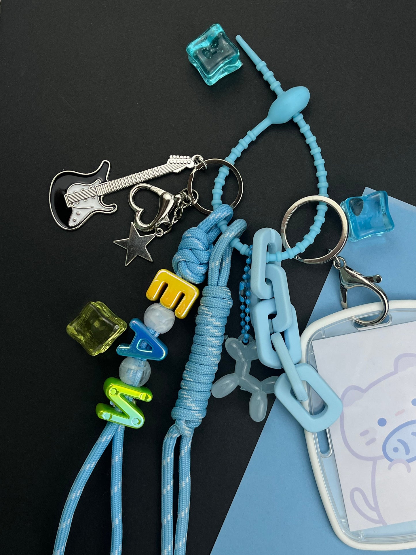 Blue - Toned Keychain Set: Guitar Charm + Cute Card Holder, Trendy Daily Accessory