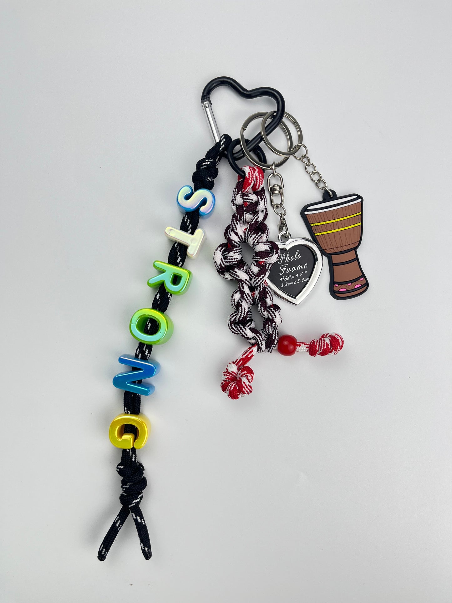 Colorful "STRONG" Music - Themed Keychain: Drum & Heart Charms