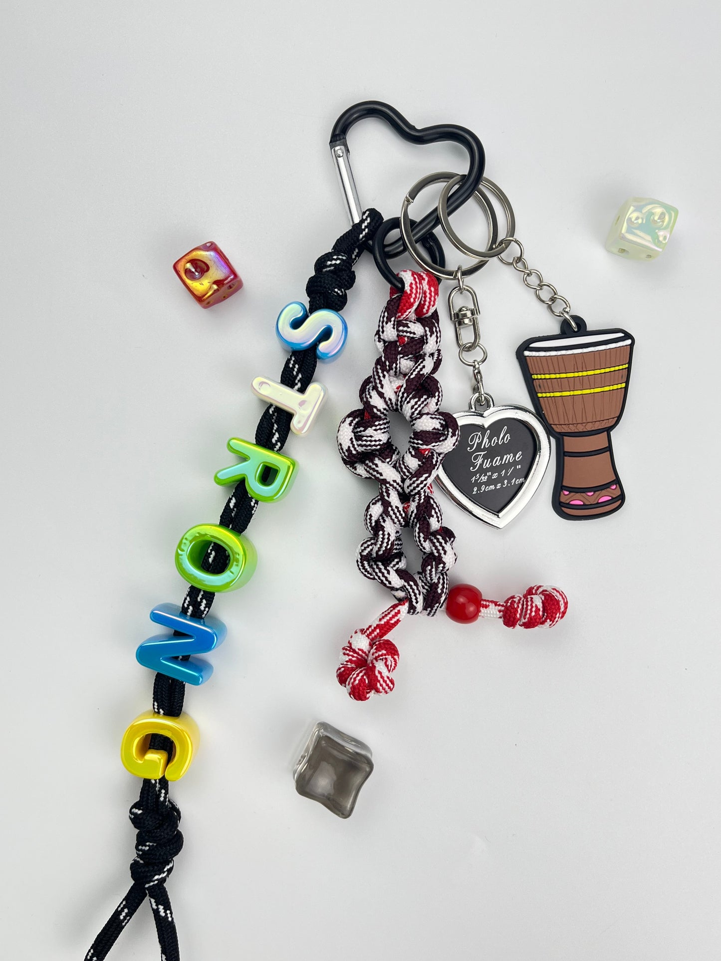 Colorful "STRONG" Music - Themed Keychain: Drum & Heart Charms