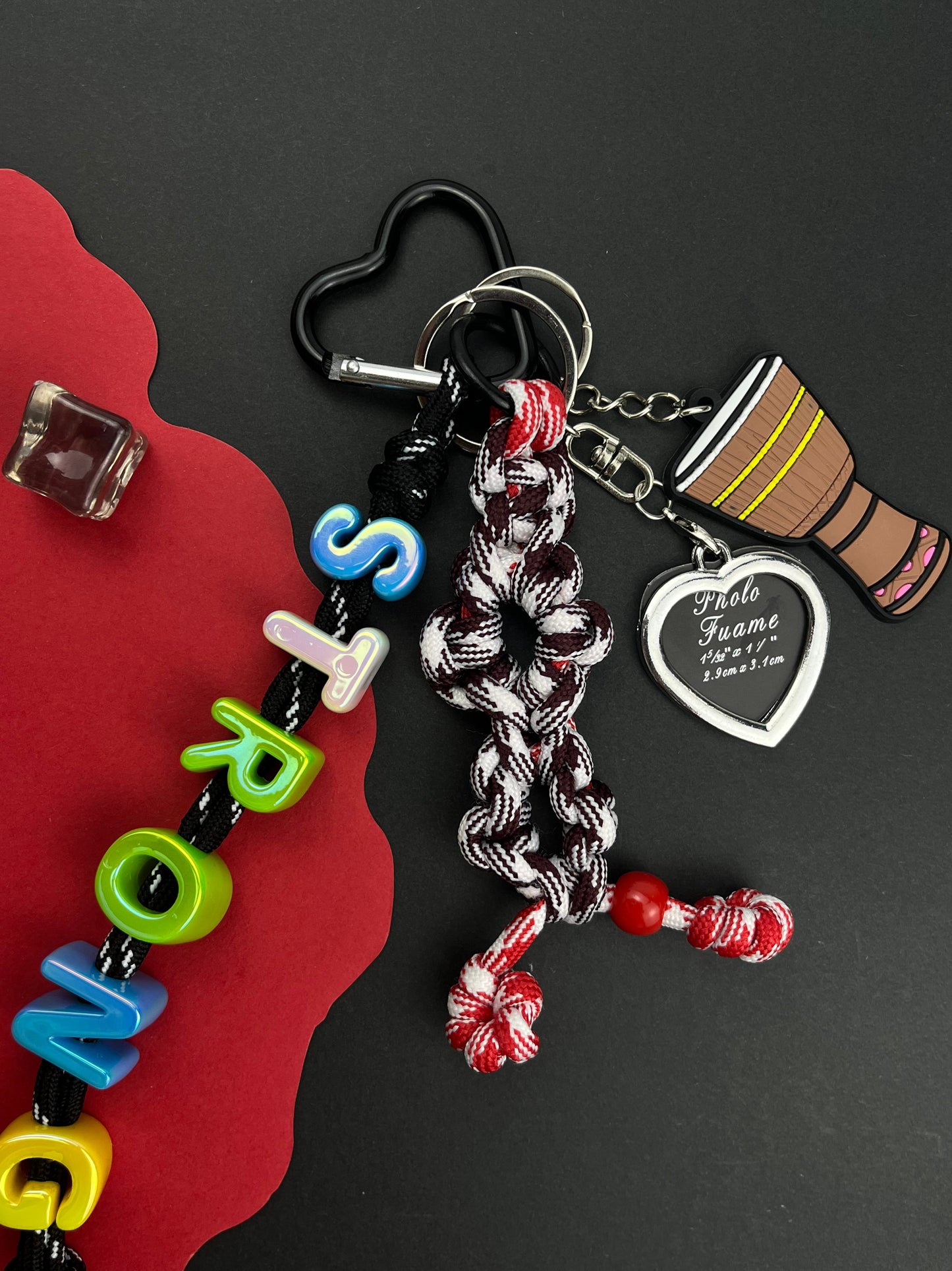 Colorful "STRONG" Music - Themed Keychain: Drum & Heart Charms