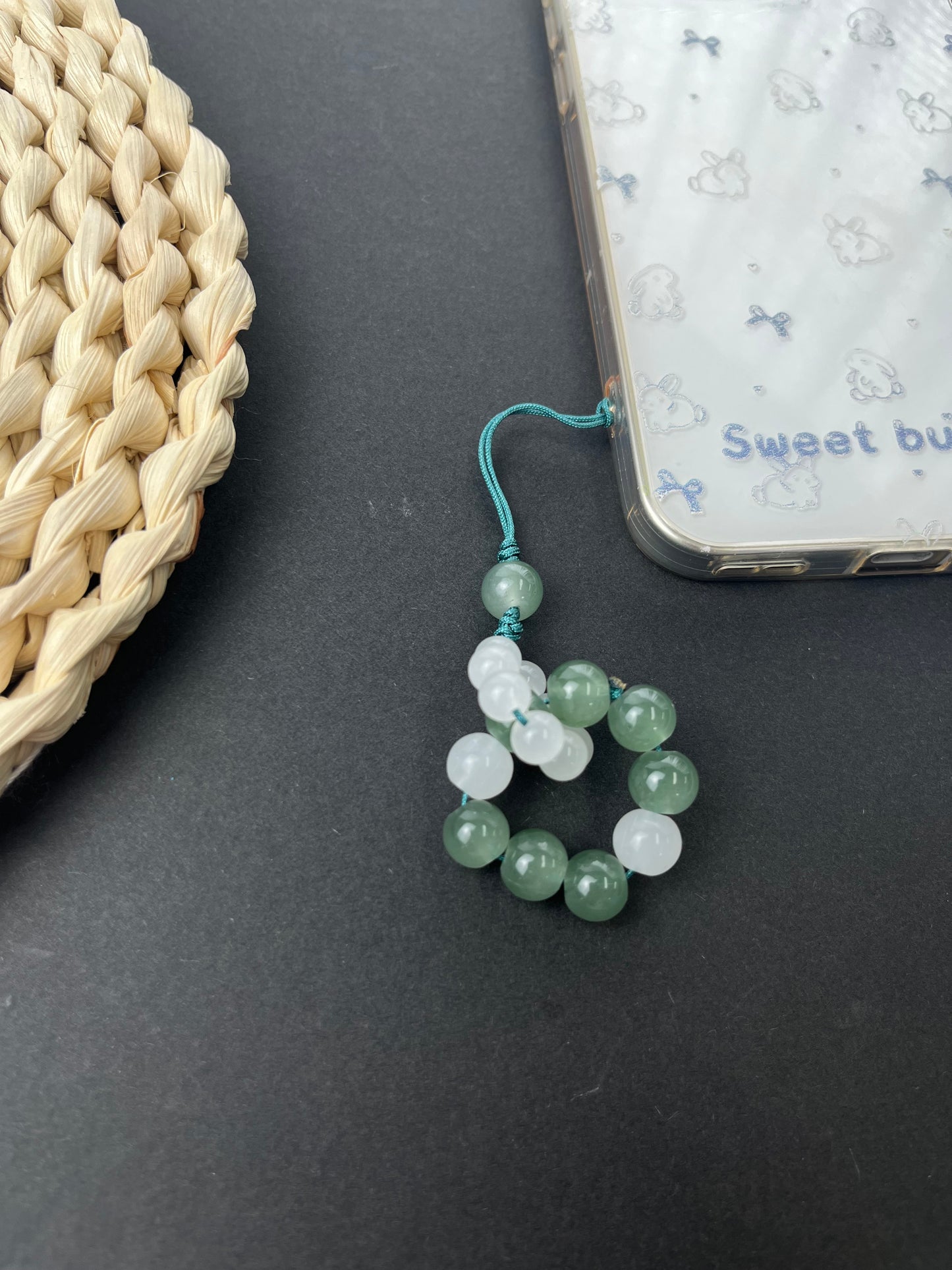 Handmade Jade Thread Phone Charm, Fresh Green & White Beaded Anti - Loss Accessory