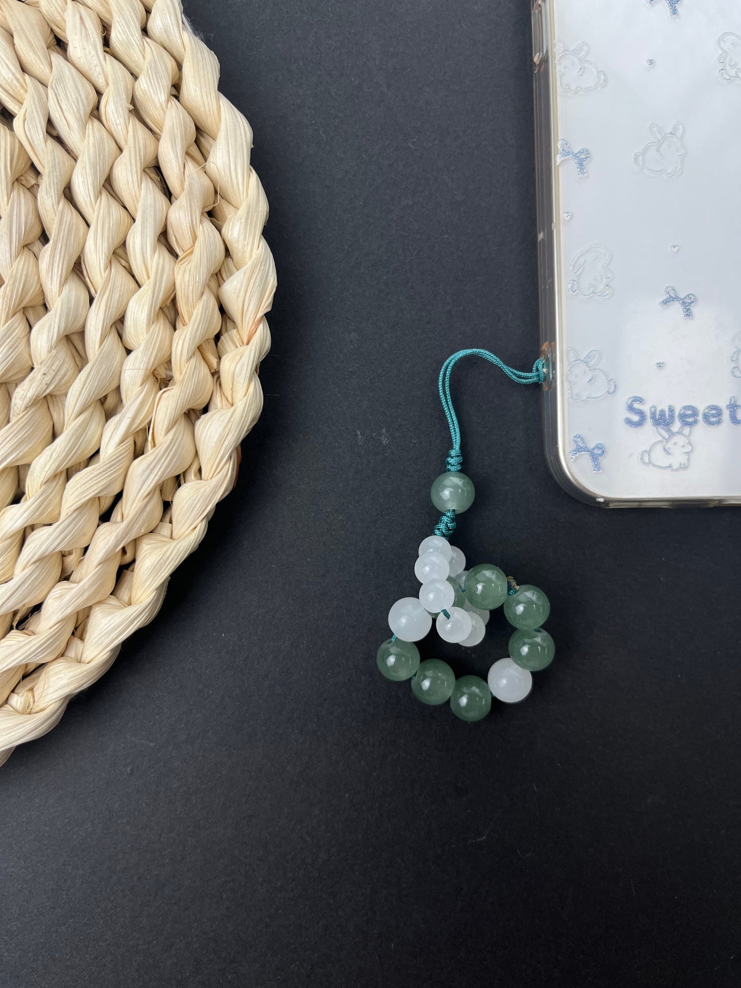 Handmade Jade Thread Phone Charm, Fresh Green & White Beaded Anti - Loss Accessory