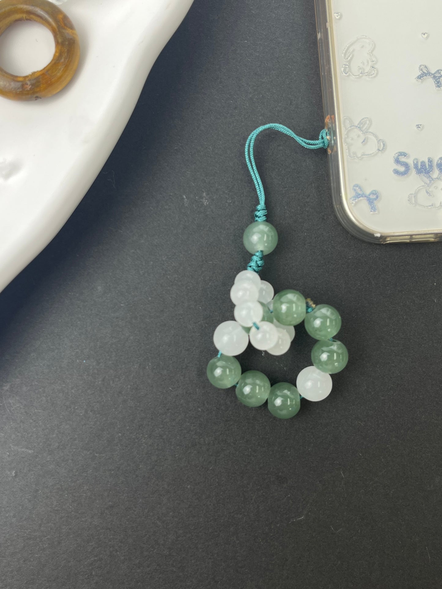Handmade Jade Thread Phone Charm, Fresh Green & White Beaded Anti - Loss Accessory