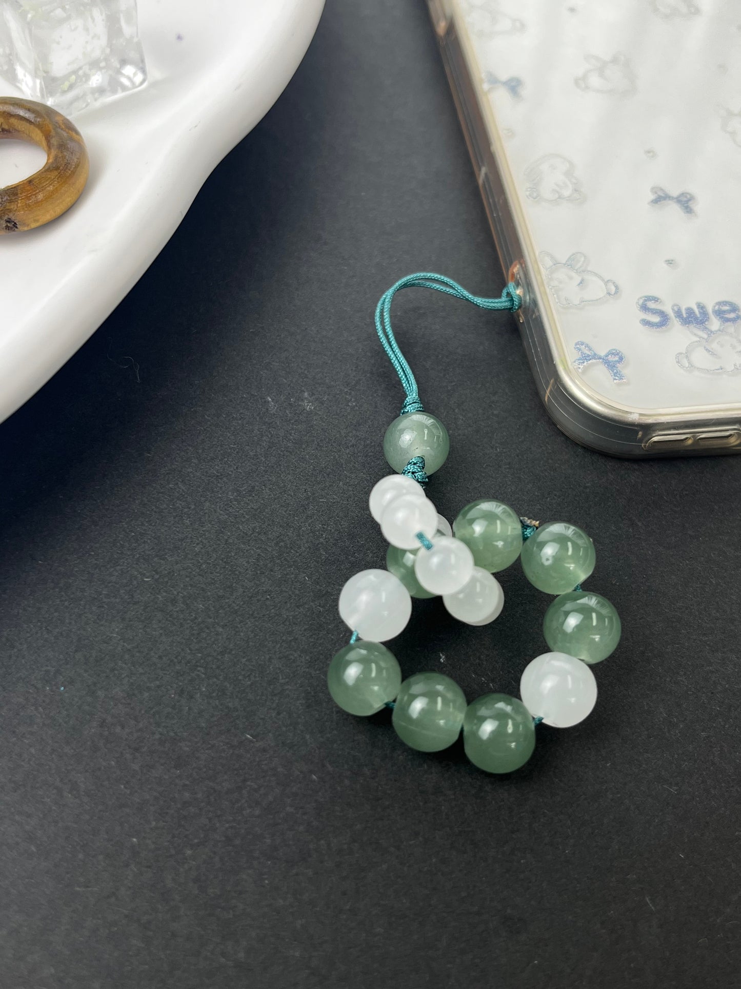 Handmade Jade Thread Phone Charm, Fresh Green & White Beaded Anti - Loss Accessory
