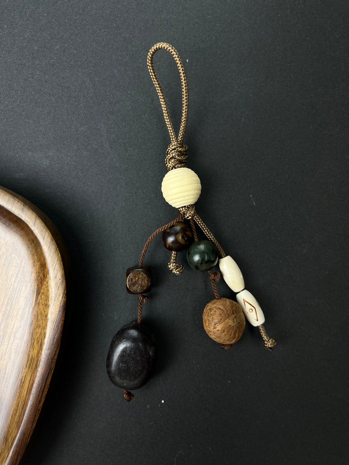 Handmade Paracord Keychain with Natural Stone & Wood Beads, Retro Natural - Style Charm