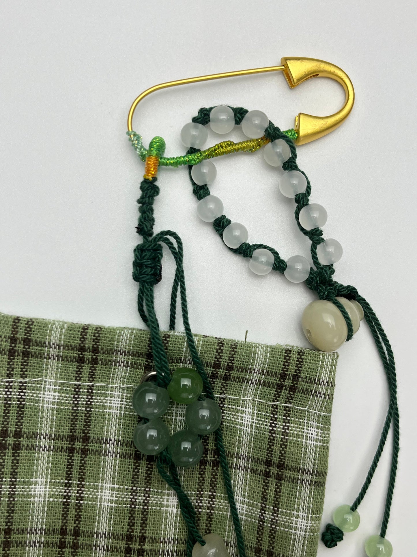 Handmade Jade Thread Jade Bead Plaid Storage Charm, Retro Artistic Small Bag