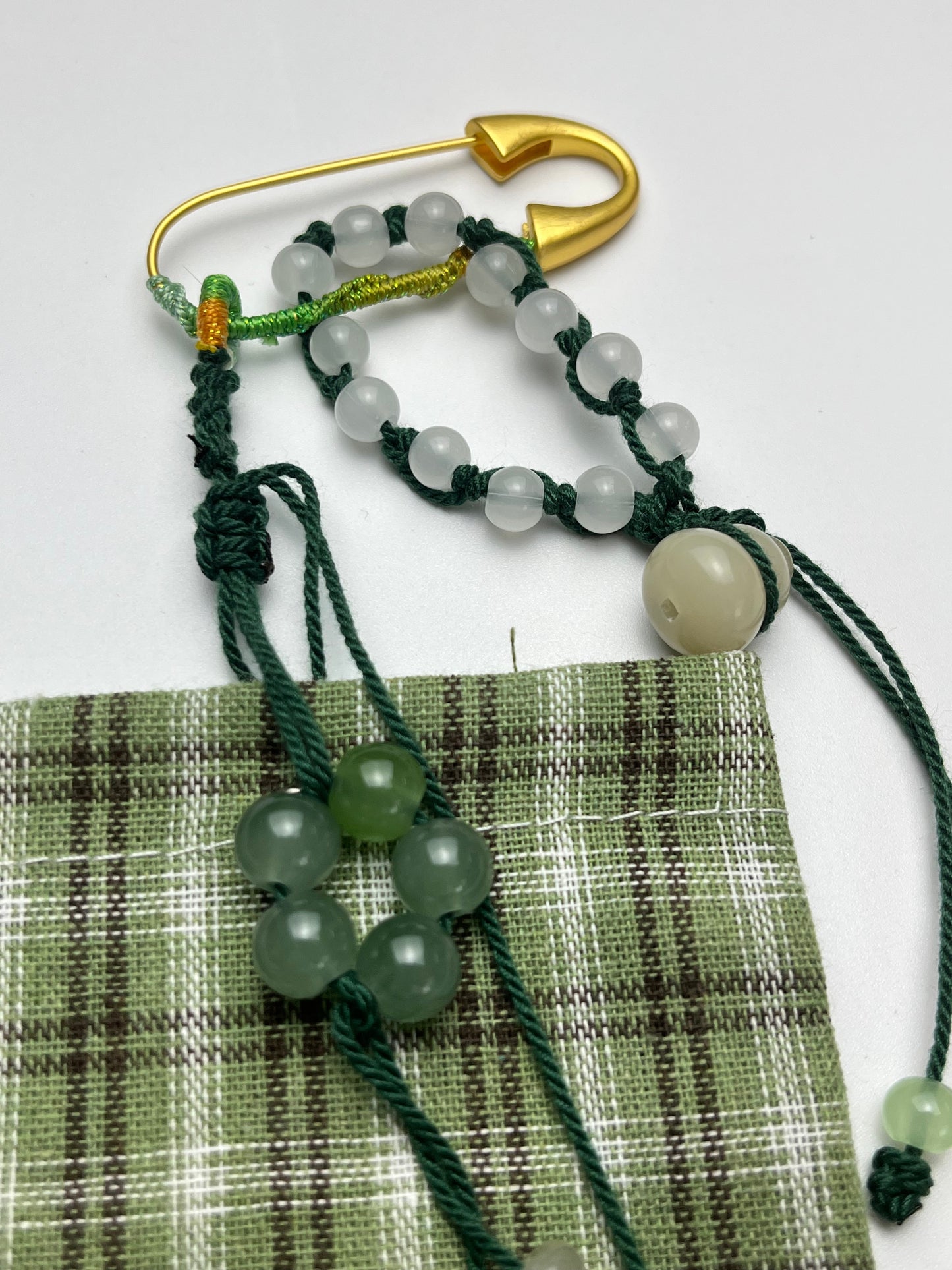 Handmade Jade Thread Jade Bead Plaid Storage Charm, Retro Artistic Small Bag