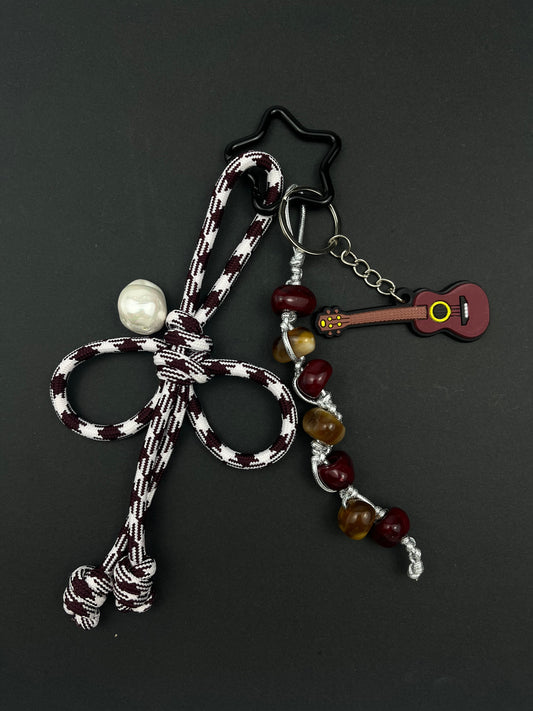Vintage - Style Knot Keychain | Guitar Charm + Unique Beads, Full of Literary Vibe