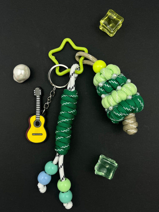 Green Music - Themed Keychain: Guitar & Tree Charms