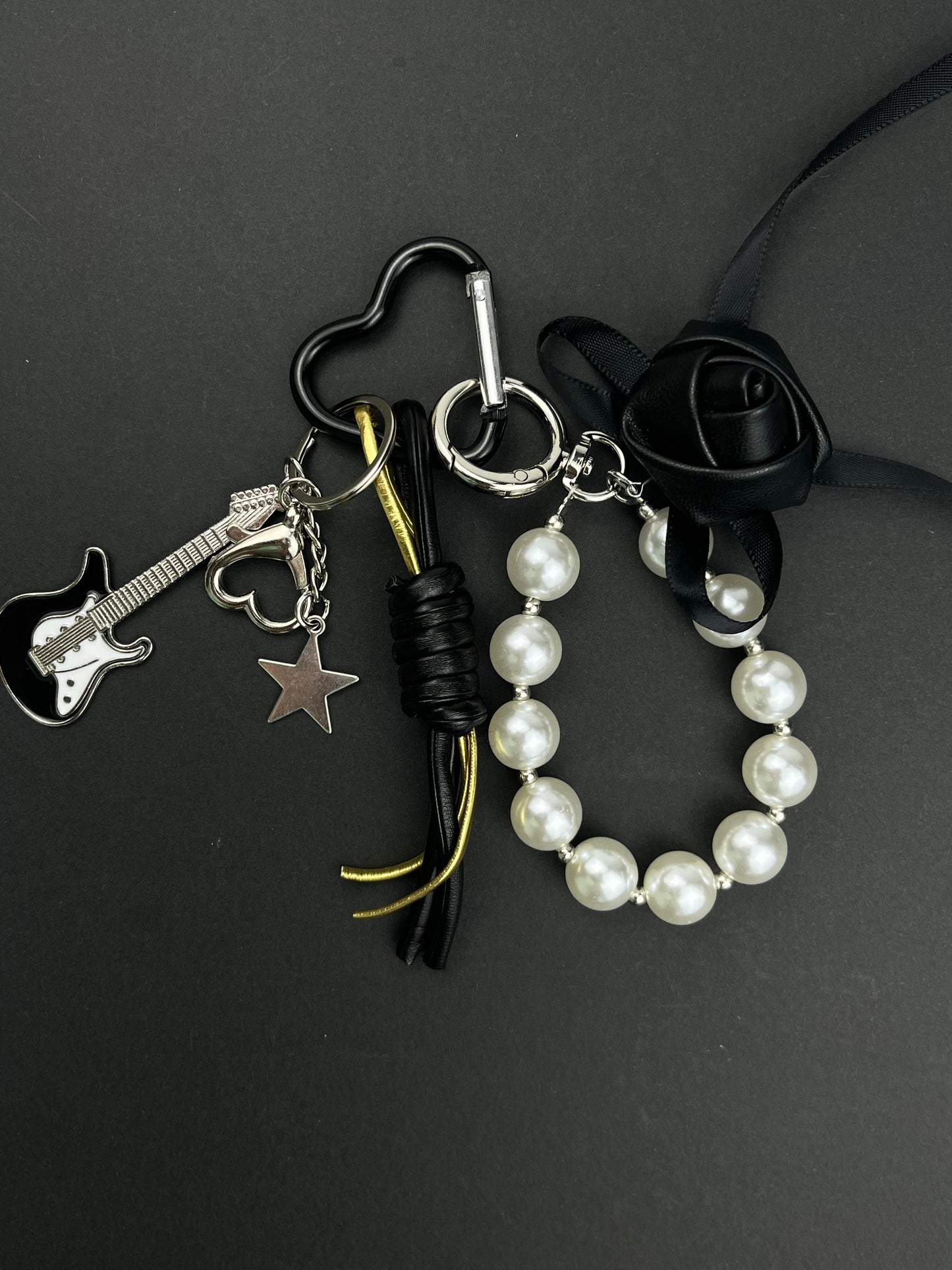 Cool Black Rose Pearl Keychain | Guitar Charm + Metal Accessories, Full of Personality