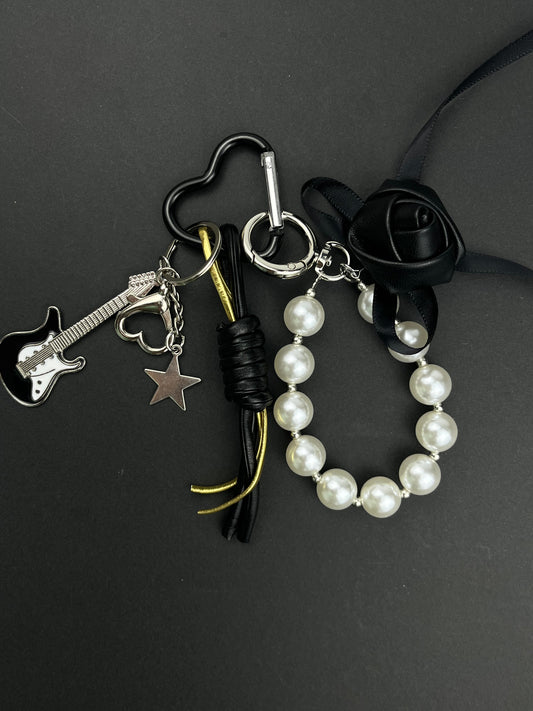 Cool Black Rose Pearl Keychain | Guitar Charm + Metal Accessories, Full of Personality