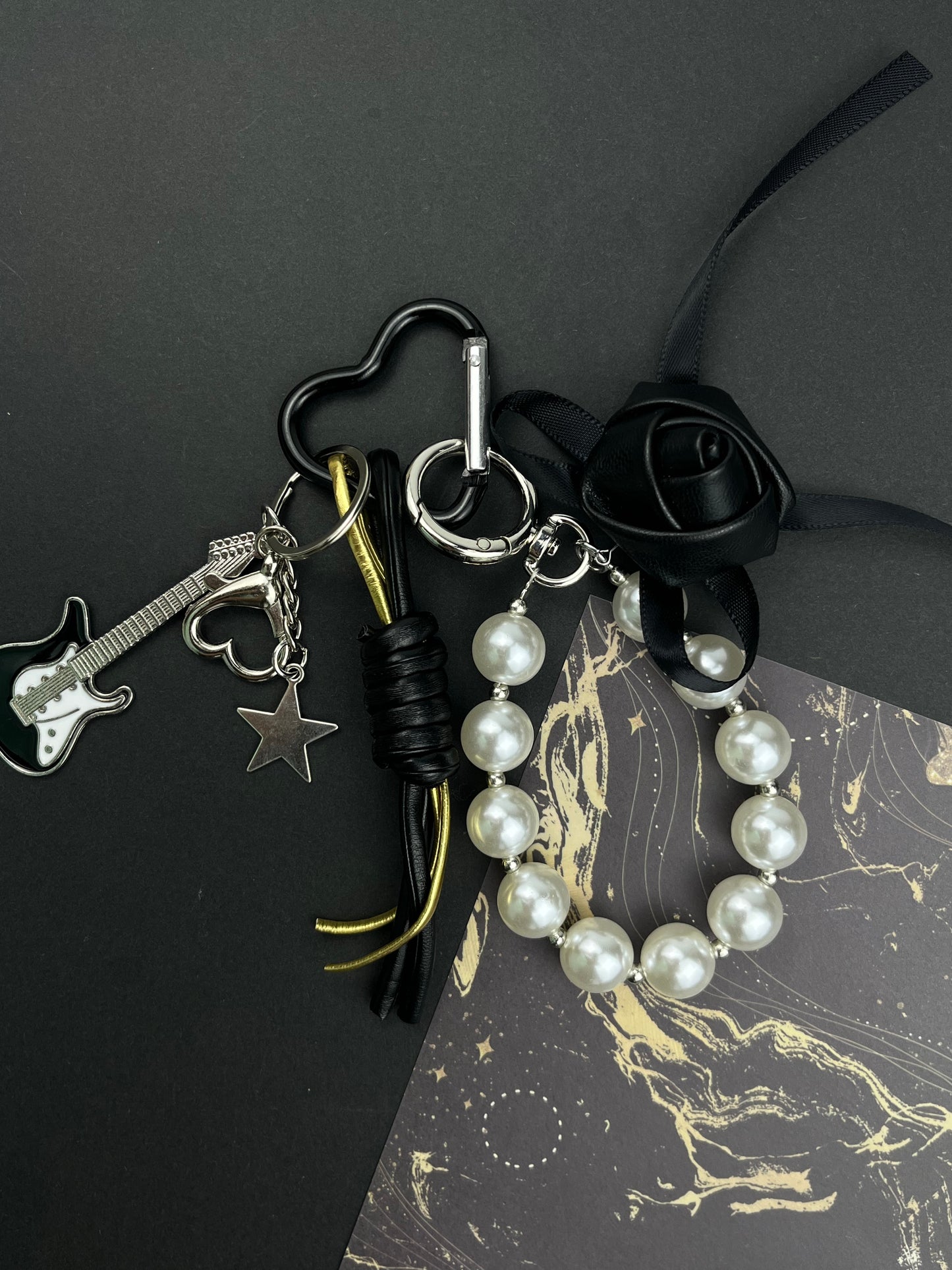 Cool Black Rose Pearl Keychain | Guitar Charm + Metal Accessories, Full of Personality