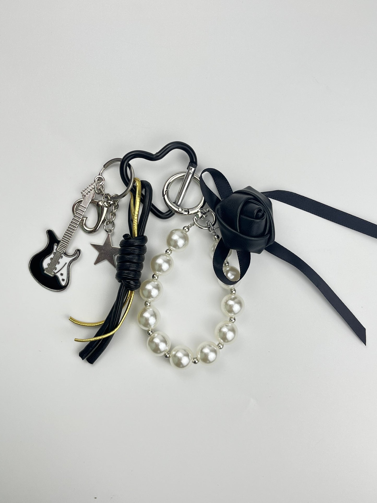 Cool Black Rose Pearl Keychain | Guitar Charm + Metal Accessories, Full of Personality
