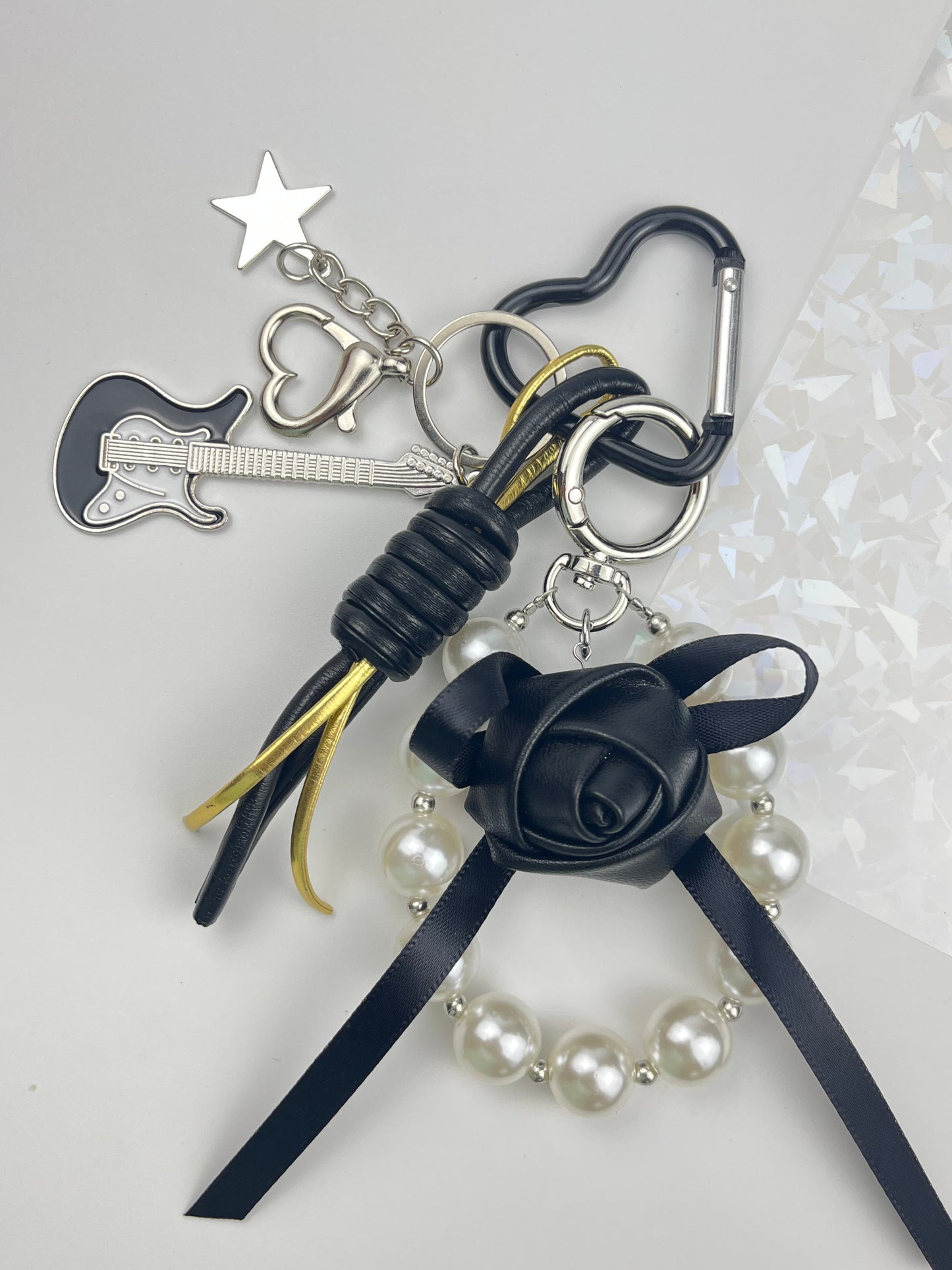 Cool Black Rose Pearl Keychain | Guitar Charm + Metal Accessories, Full of Personality