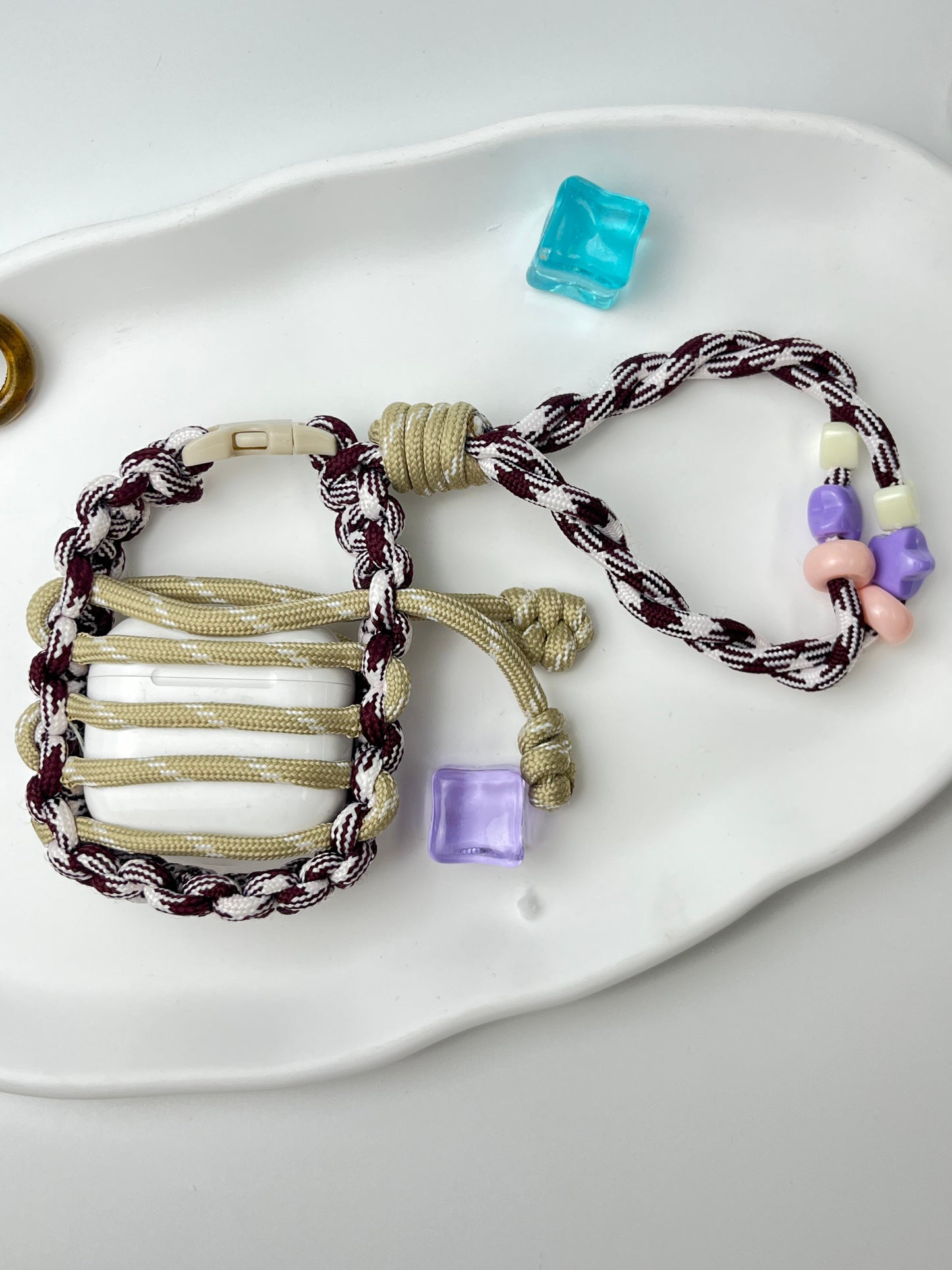 Handmade Paracord AirPods Case, Retro Brown Tone with Lanyard & Cute Decor