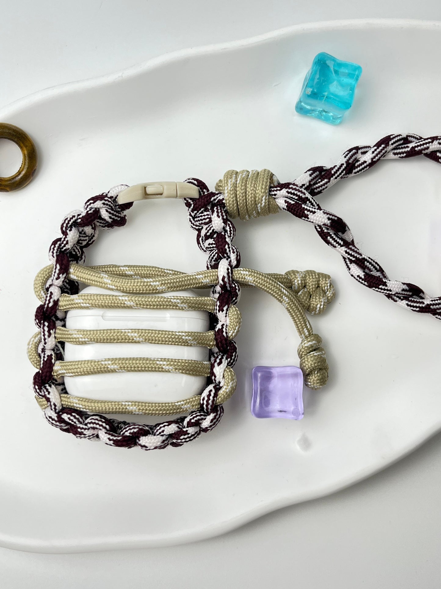 Handmade Paracord AirPods Case, Retro Brown Tone with Lanyard & Cute Decor