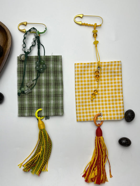 Handmade Jade Thread Yellow Plaid Storage Charm, Retro Vibrant Small Bag