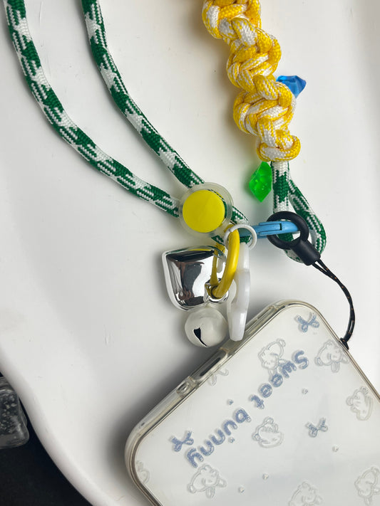 Handmade Paracord Phone Lanyard, Green - White Color Block with Cute Bell Decor